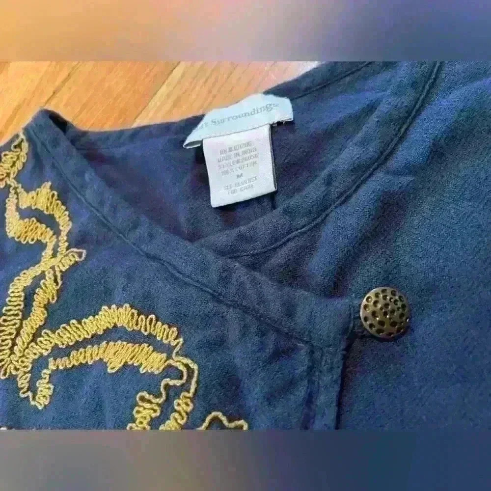 Soft Surroundings Lagenlook Blue Long Sleeved Tunic Gold Embroidery Women’s Sz M - Picture 2 of 12